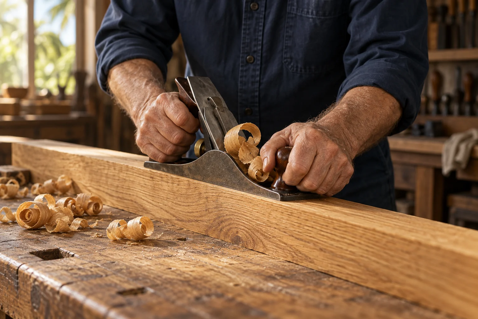Illustrative close-up of a carpenter working wood by hand